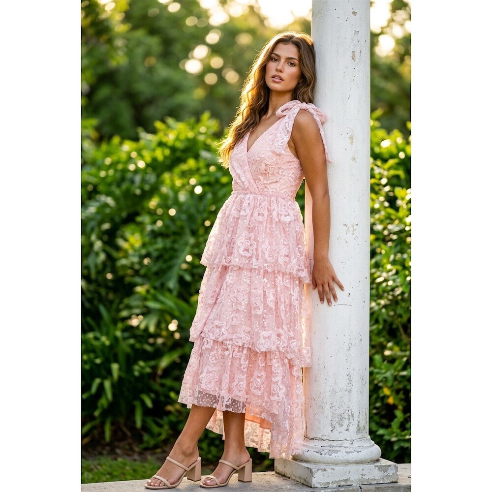 just me Dress Womens Size S pastel Peach Floral Tiered Midi Sequin Bow Straps